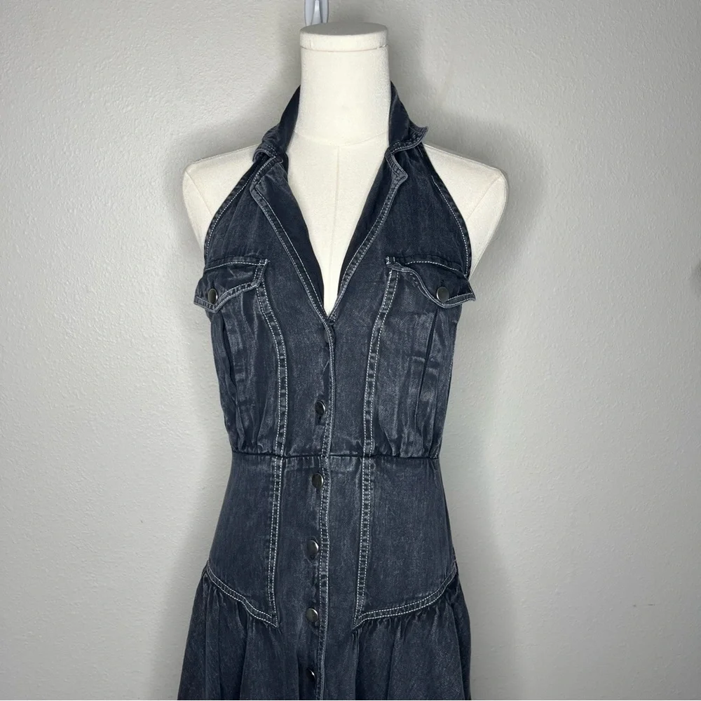 Free People Black Denim Button Down Halter Neck Backless Soundwave Maxi Dress